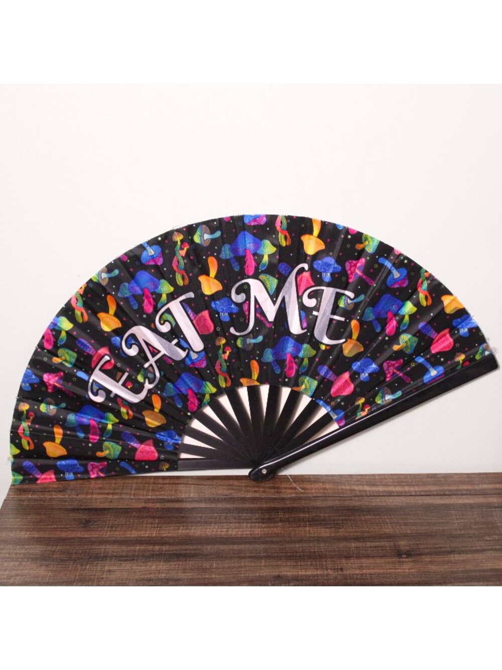 EAT ME Colorful Mushrooms Alice In Wonderland Rave Festival Hand Fan 13"